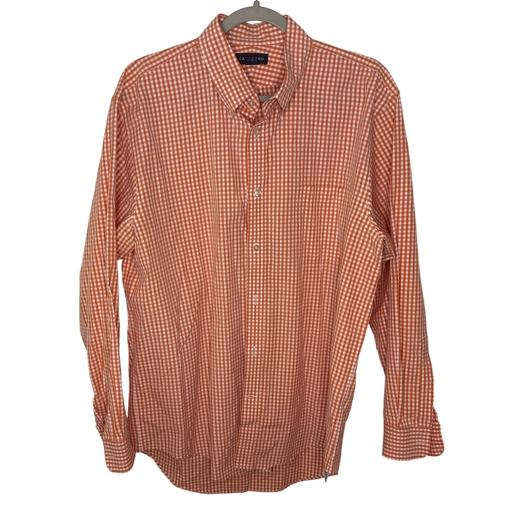 Lands End Mens Orange Gingham Button‎ Down Shirt 16 1/2 34 Long Sleeve Casual